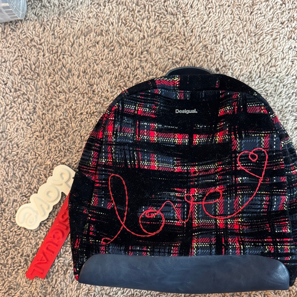 Desigual Kids Love Plaid Backpack - Red and Black